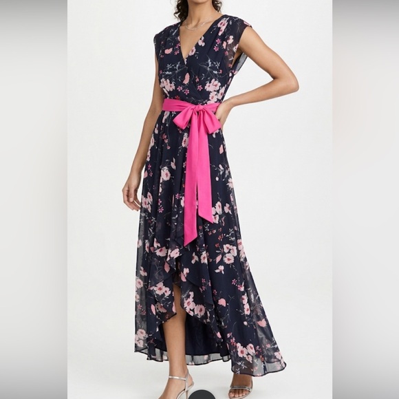 Eliza J NWT Navy and Pink Floral High-Low Maxi Dress with pink sash size 6 - Picture 6 of 14